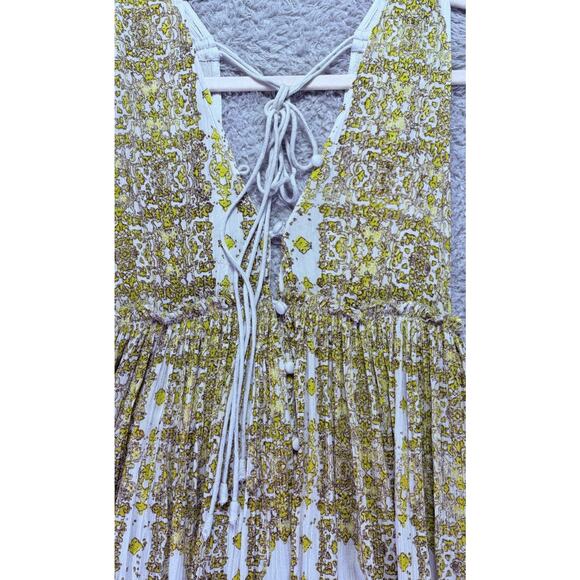 FP One Free People Womens XS‎ V-Neck Mini Dress Green Yellow Buttons Sleeveless - Picture 8 of 10